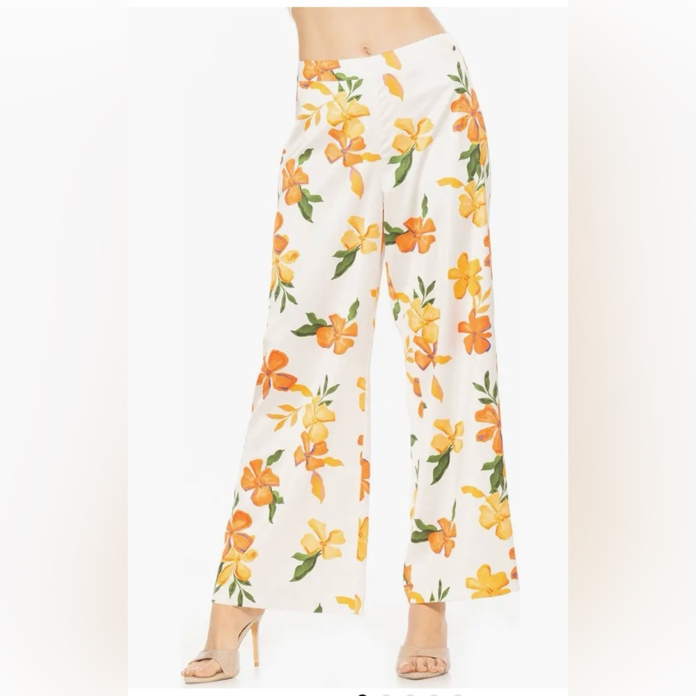 Alexia Admor Floral Wide-Leg Satin Trousers - White and Orange size 14 NWT